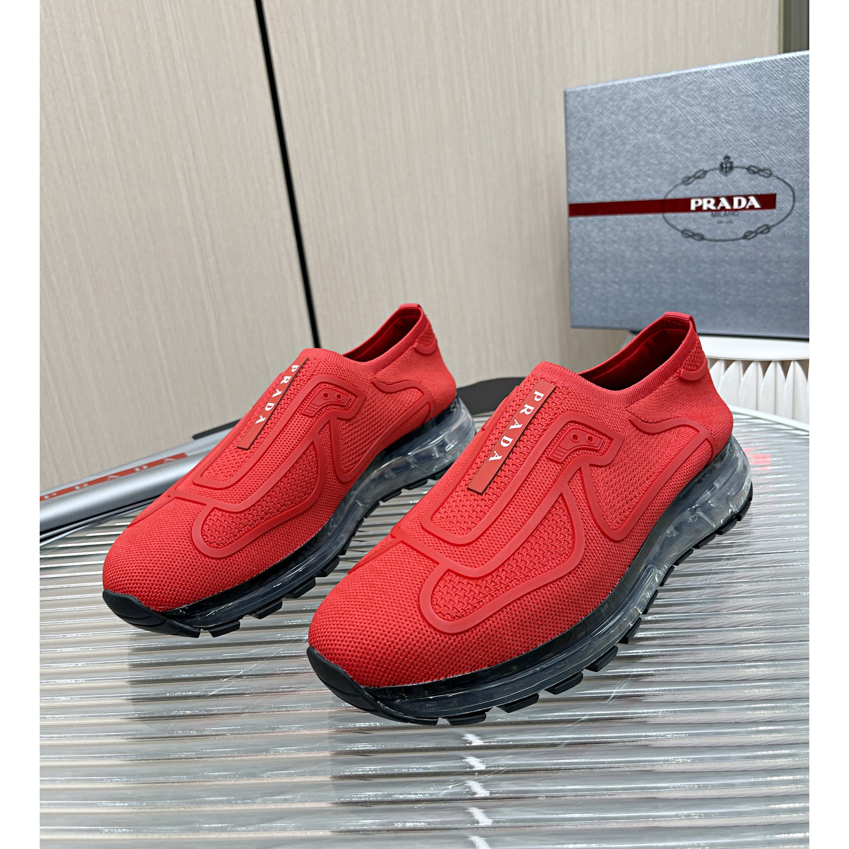 Prada Logo Sneakers In Red - DesignerGu