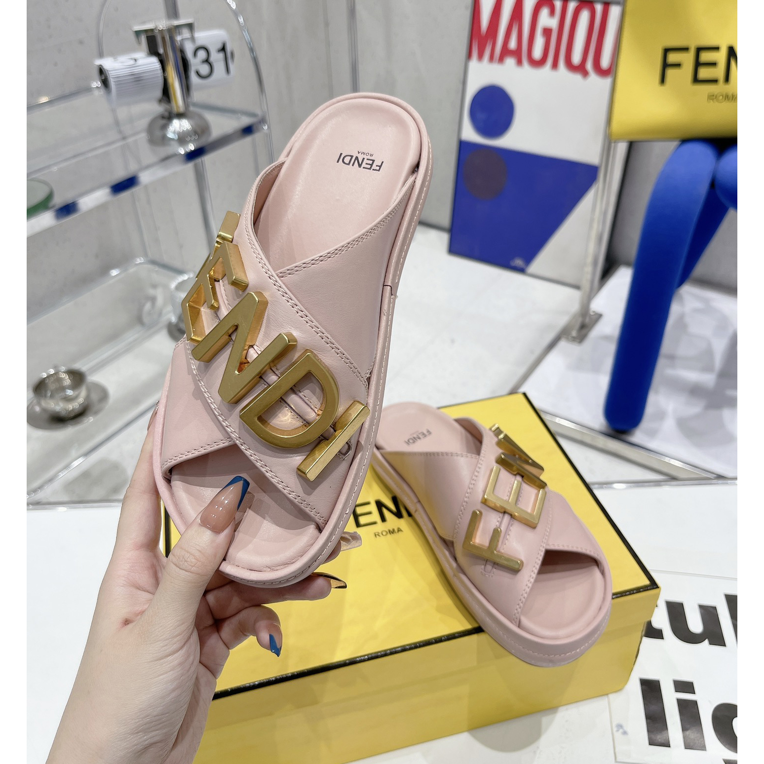 Fendi Graphy Pink Leather Slides - DesignerGu