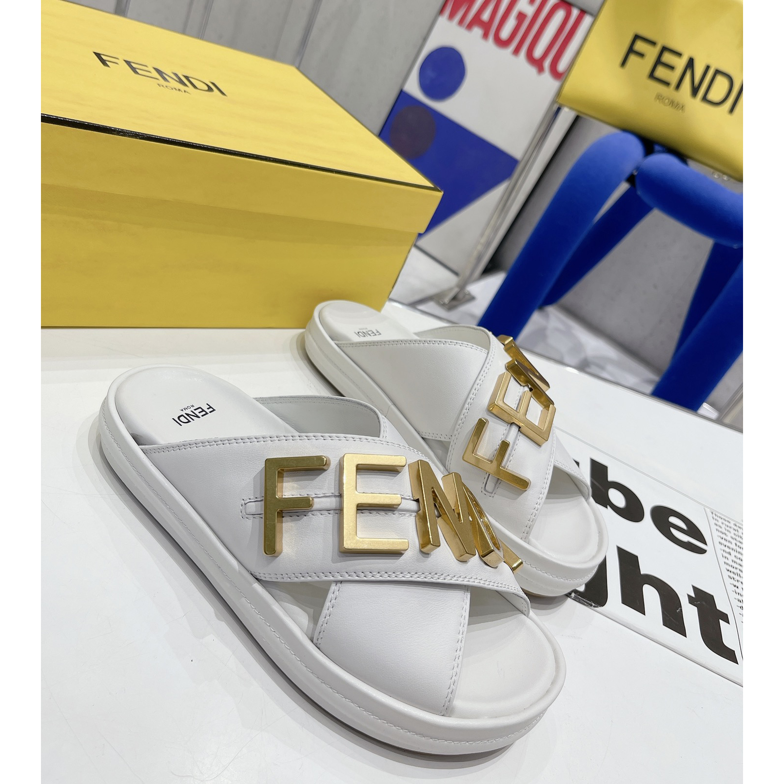 Fendi Graphy White Leather Slides - DesignerGu