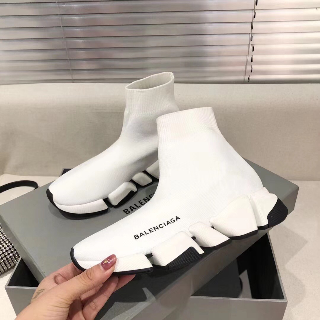 Balenciaga  Speed 2.0 Recycled Knit Sneaker In White/Black - DesignerGu