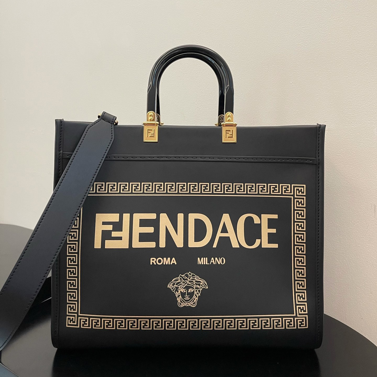 Versace x Fendi Sunshine Medium Fendace Printed White Leather Shopper(35-31-17cm) - DesignerGu