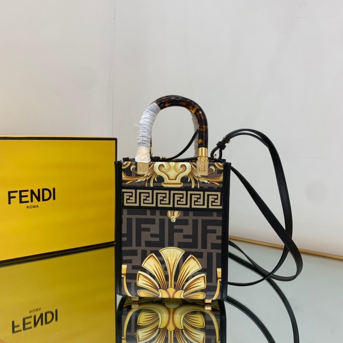 Versace x Fendi Mini Sunshine Shopper Fendace Printed White Leather Mini Bag(13-18-6.5cm) - DesignerGu