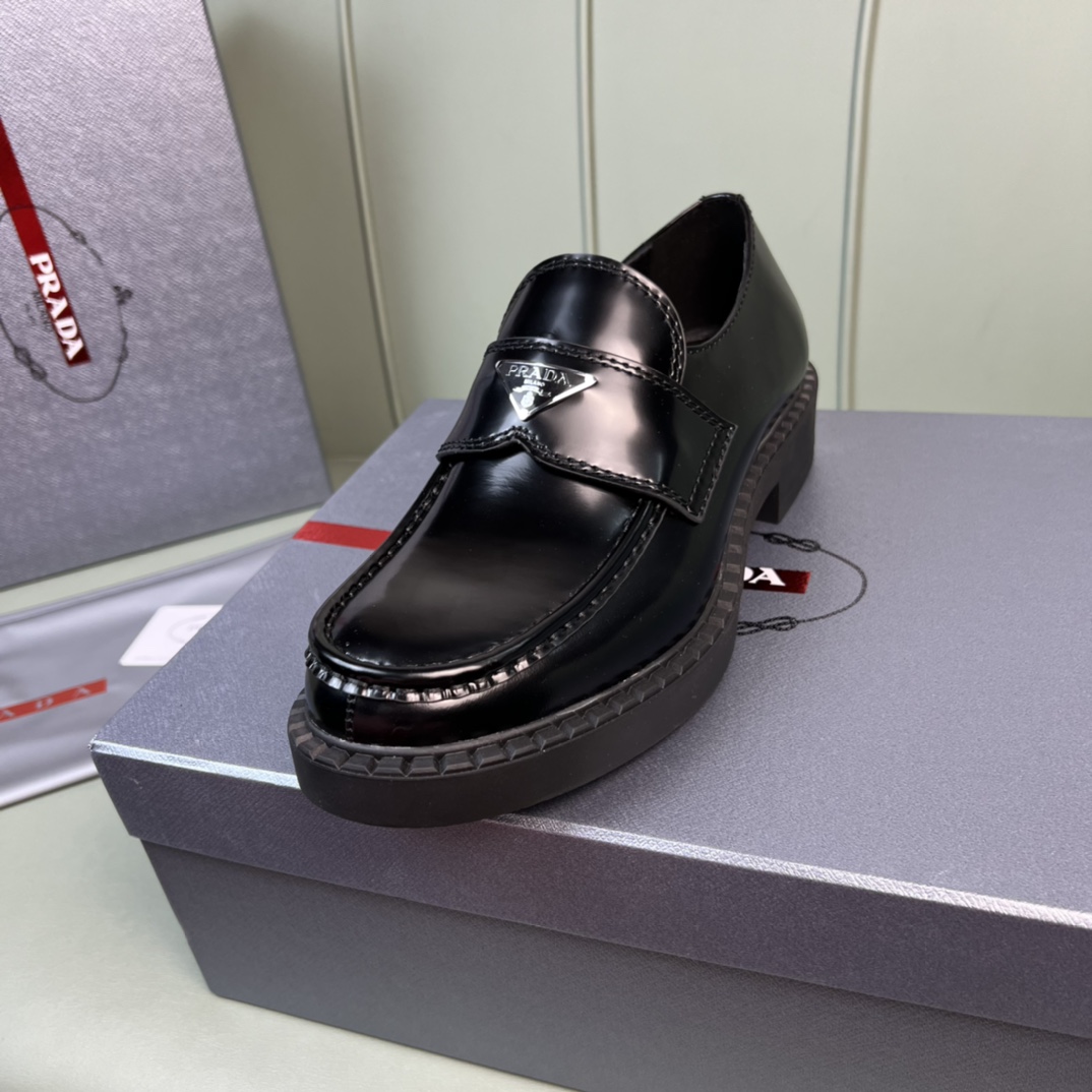 Prada Chocolate Sharp Brushed Leather Pointed Loafers - DesignerGu