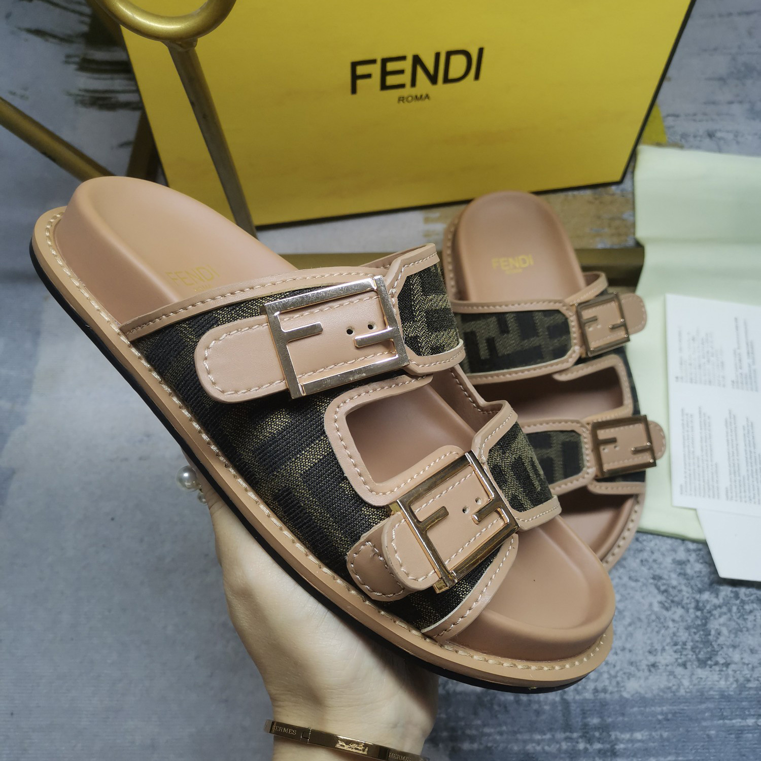 Fendi Feel Brown FF Fabric Slides - DesignerGu