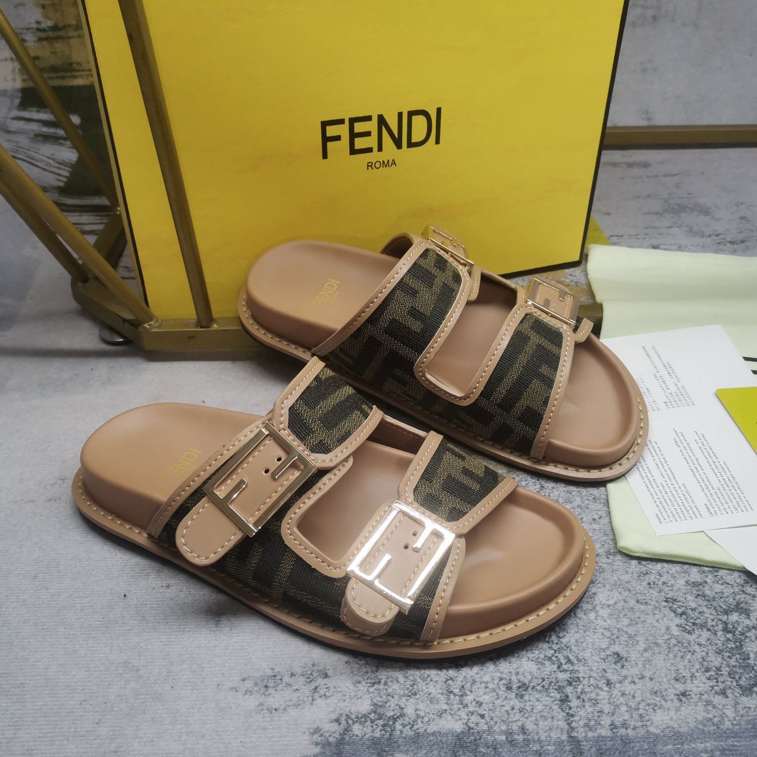 Fendi Feel Brown FF Fabric Slides - DesignerGu