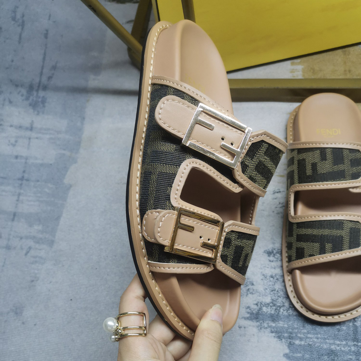 Fendi Feel Brown FF Fabric Slides - DesignerGu