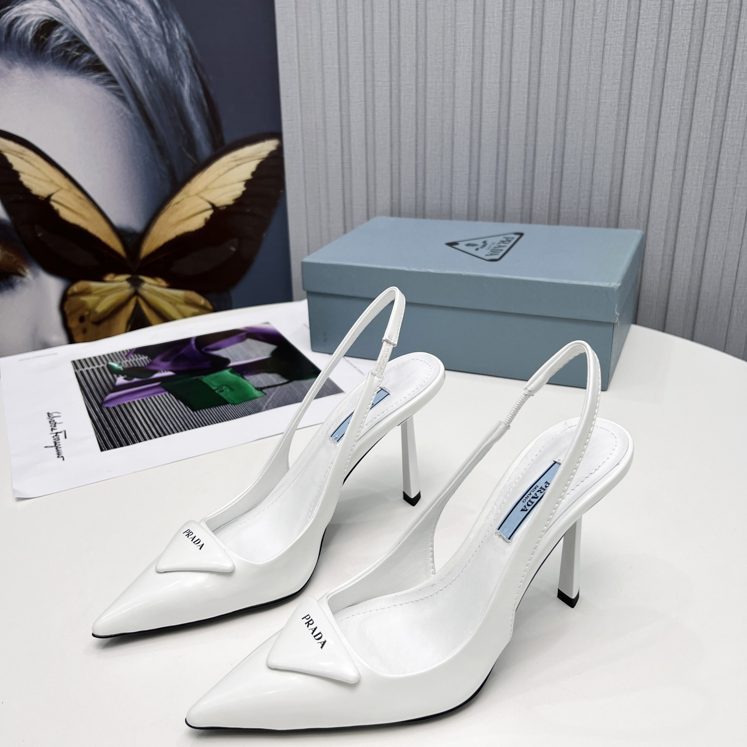 Prada Brushed Leather Slingback Pumps In White - DesignerGu