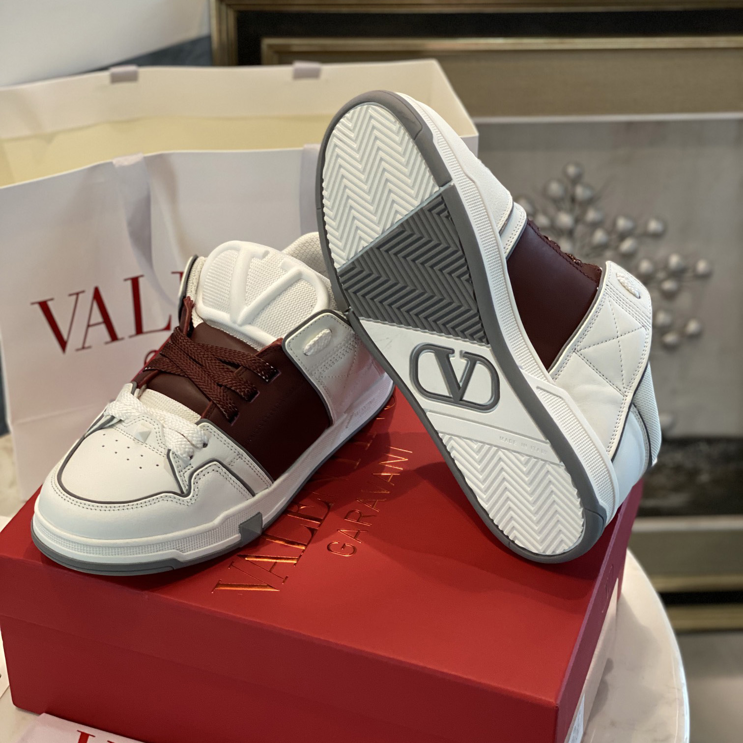 Valenti Open Skate Calfskin And Fabric Sneaker In White/Rubin - DesignerGu