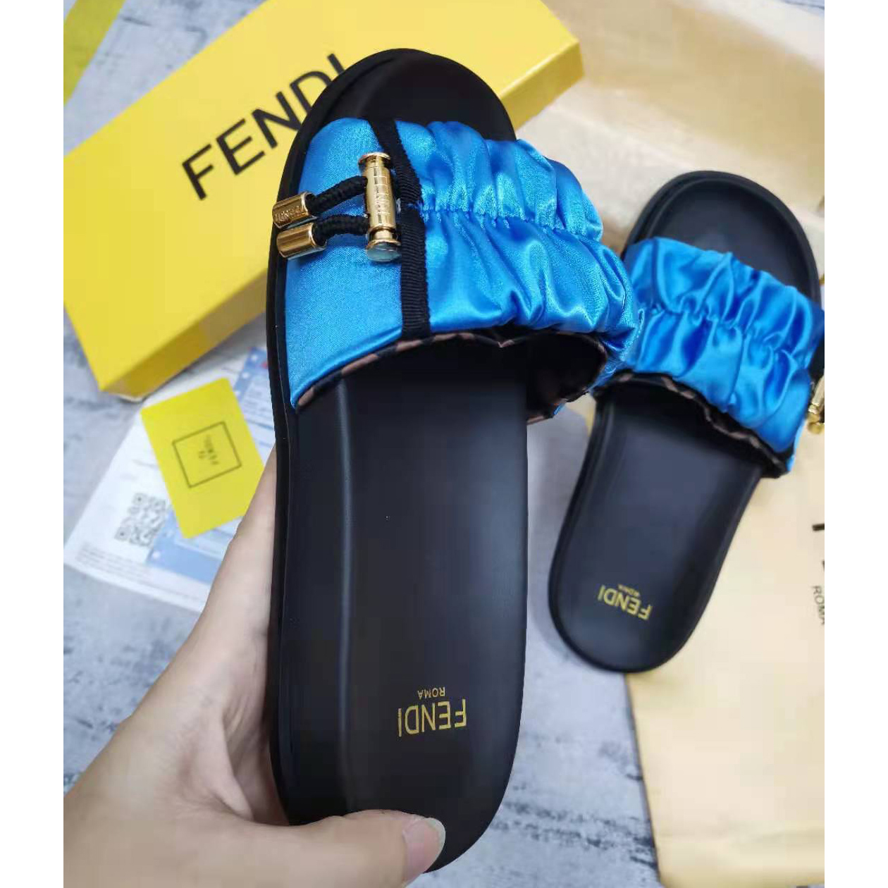 Fendi Fendi Feel Blue Satin Slides - DesignerGu