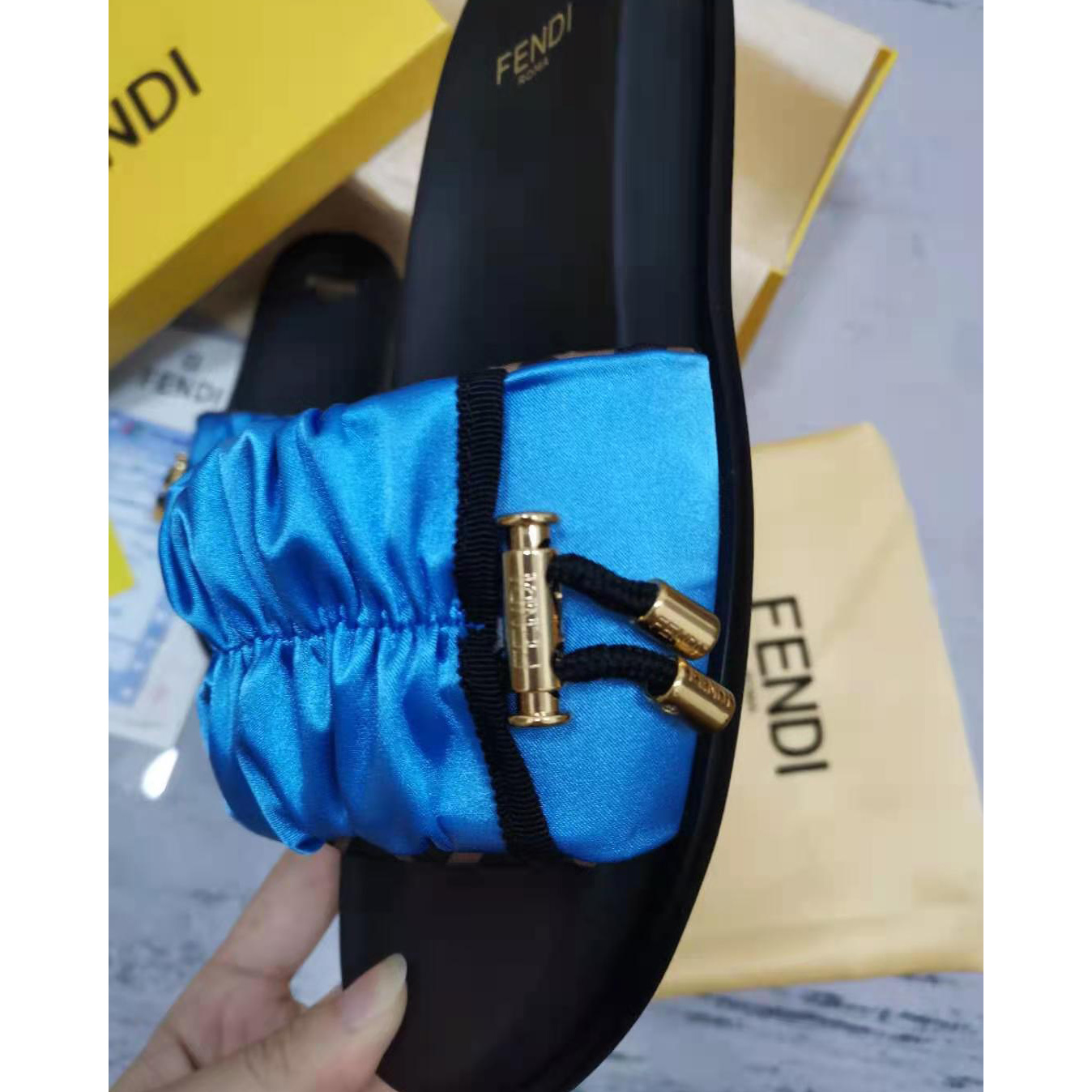 Fendi Fendi Feel Blue Satin Slides - DesignerGu