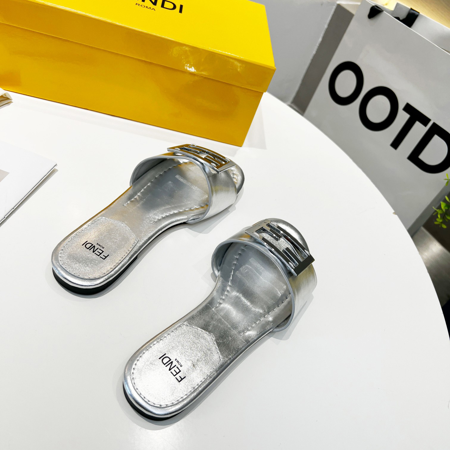 Fendi Baguette Silver Nappa Leather Slides - DesignerGu