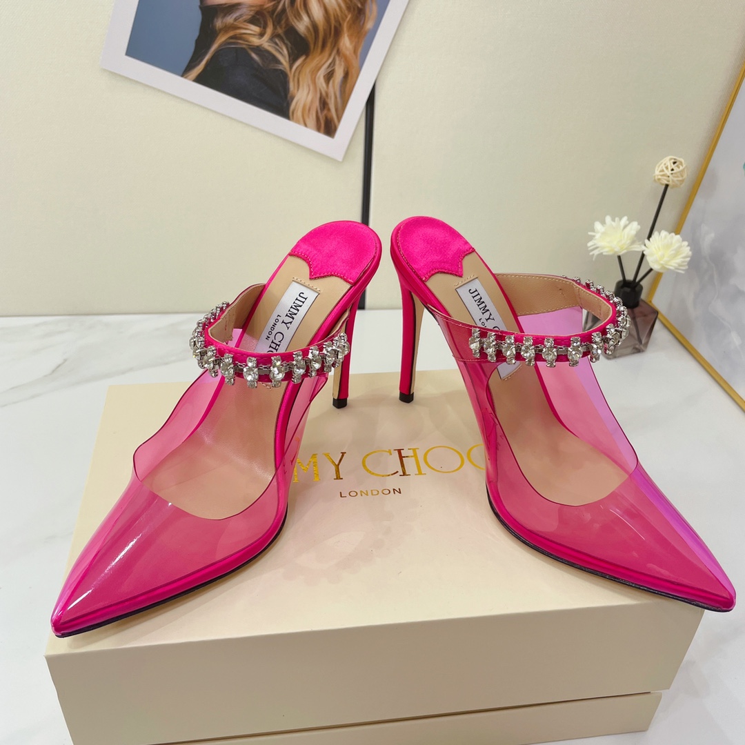 Jimmy Choo Bing 100 Hot Pink Neon Plexi Mules With Pink Crystal Strap - DesignerGu