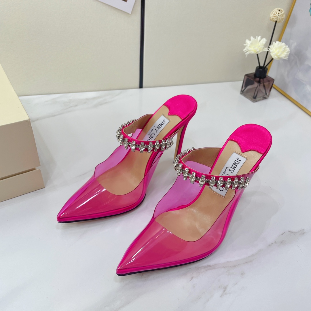 Jimmy Choo Bing 100 Hot Pink Neon Plexi Mules With Pink Crystal Strap - DesignerGu