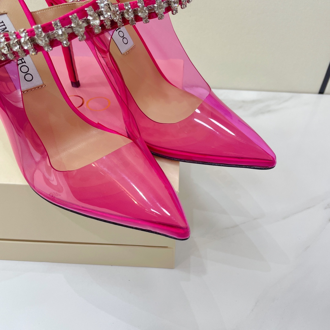 Jimmy Choo Bing 100 Hot Pink Neon Plexi Mules With Pink Crystal Strap - DesignerGu