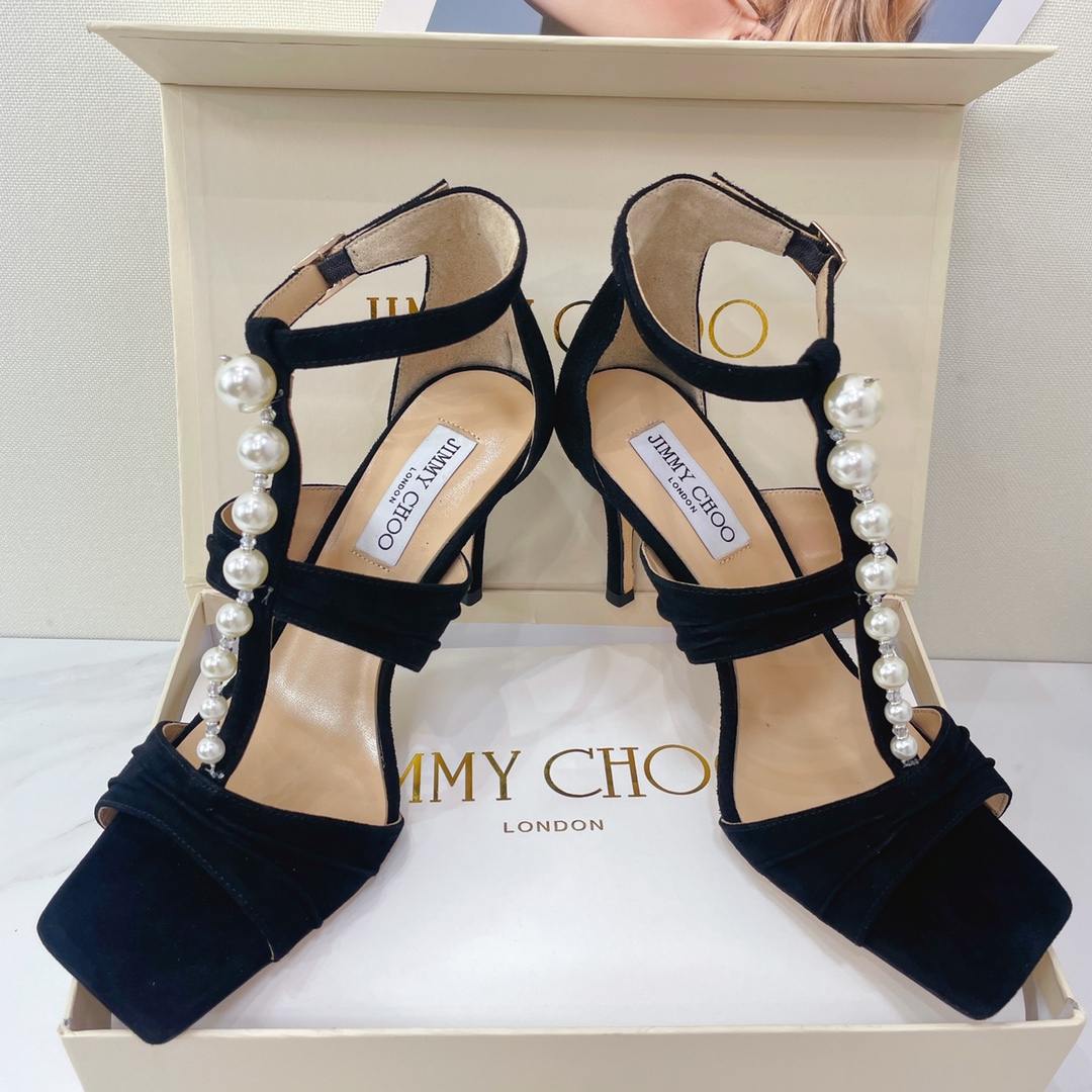 Jimmy Choo Black Suede Sandals With Pearls And Crystals - DesignerGu