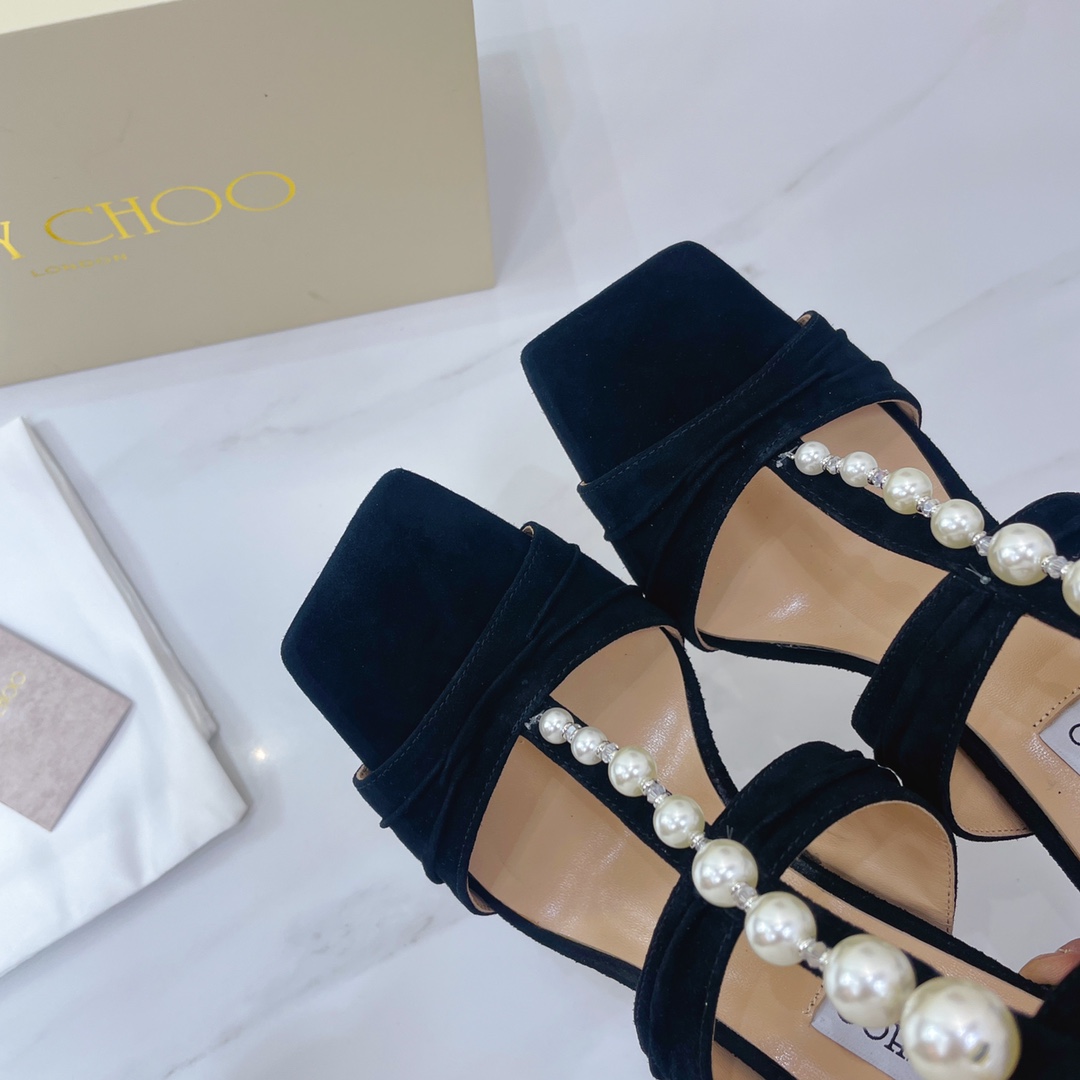 Jimmy Choo Black Suede Sandals With Pearls And Crystals - DesignerGu