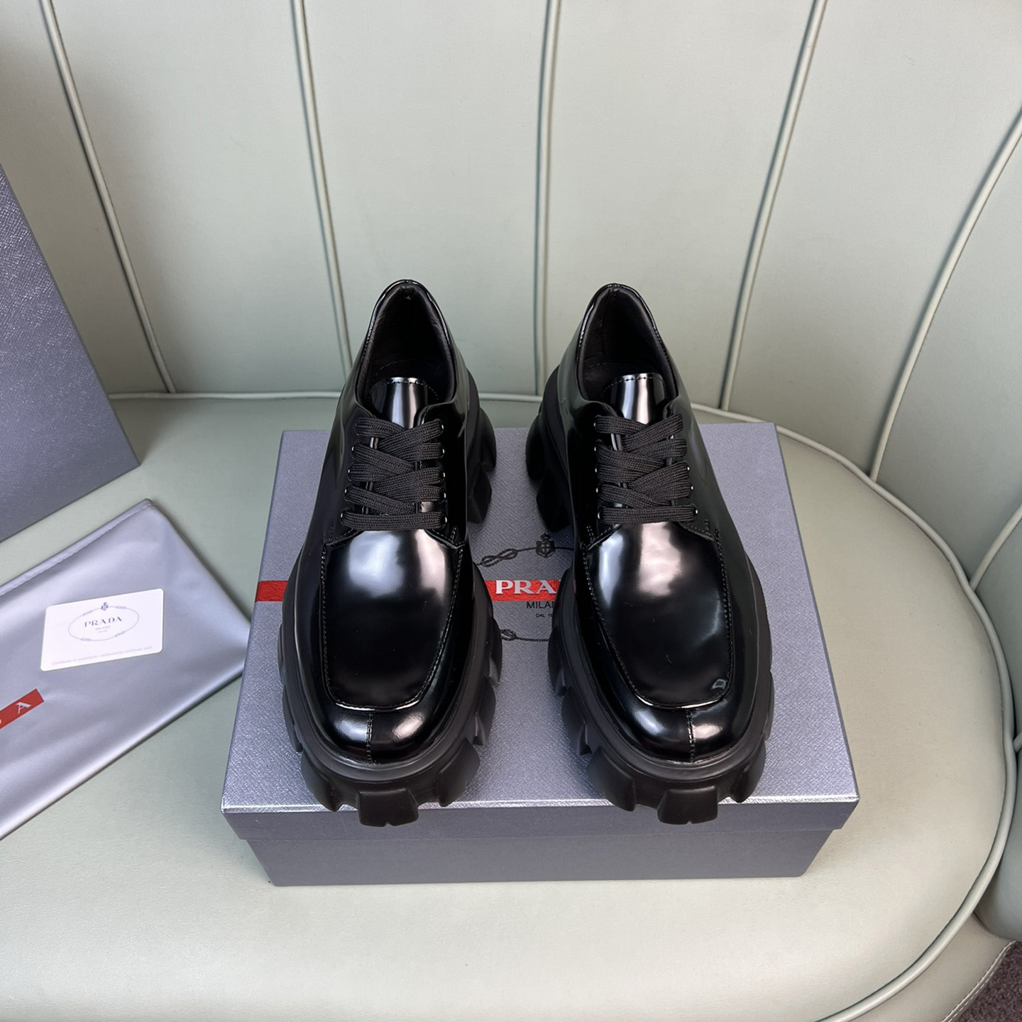 Prada Monolith Brushed Leather Lace-Up Shoes - DesignerGu