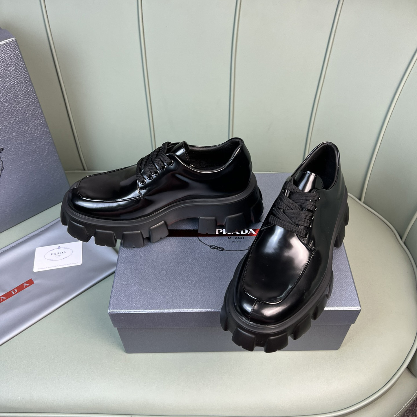 Prada Monolith Brushed Leather Lace-Up Shoes - DesignerGu