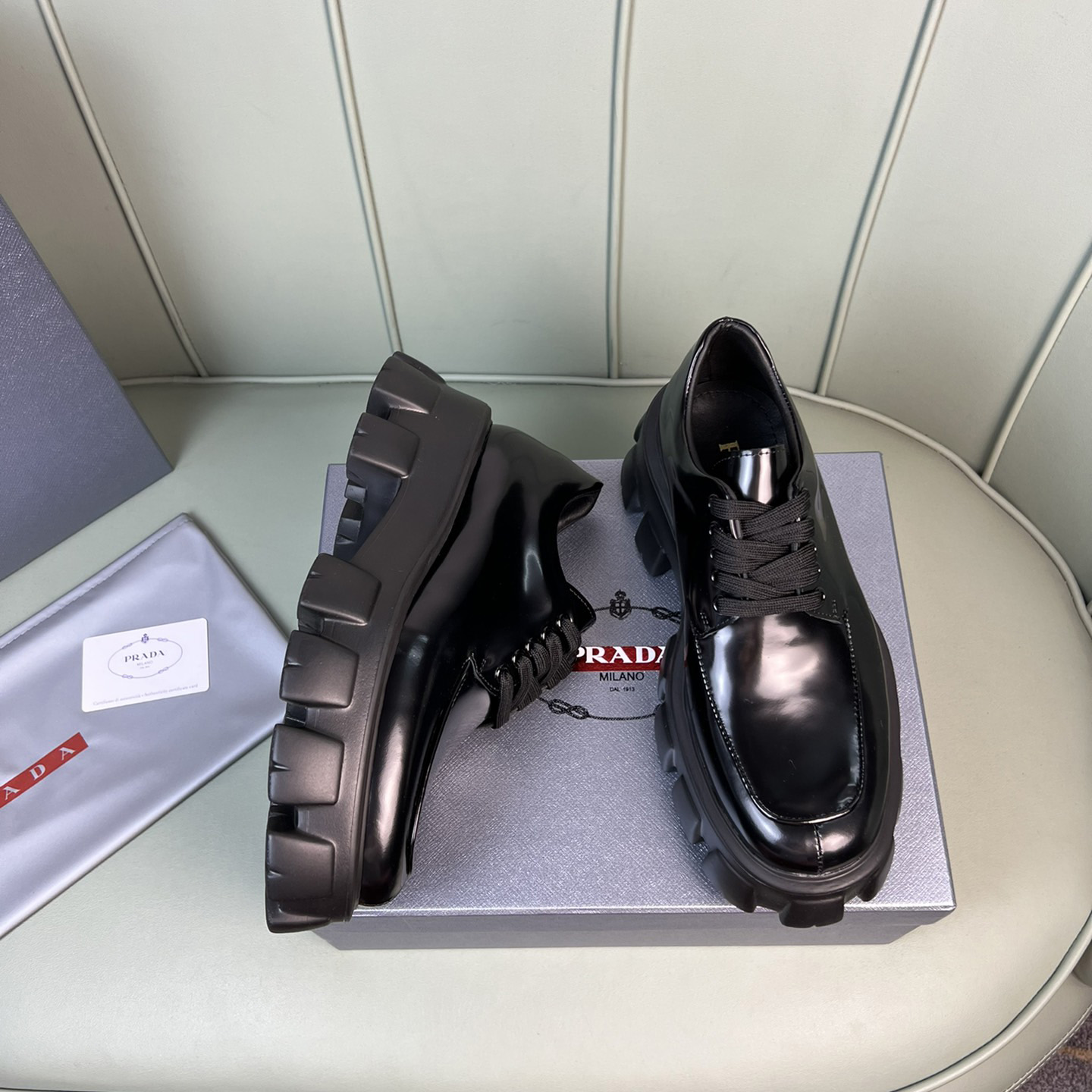 Prada Monolith Brushed Leather Lace-Up Shoes - DesignerGu