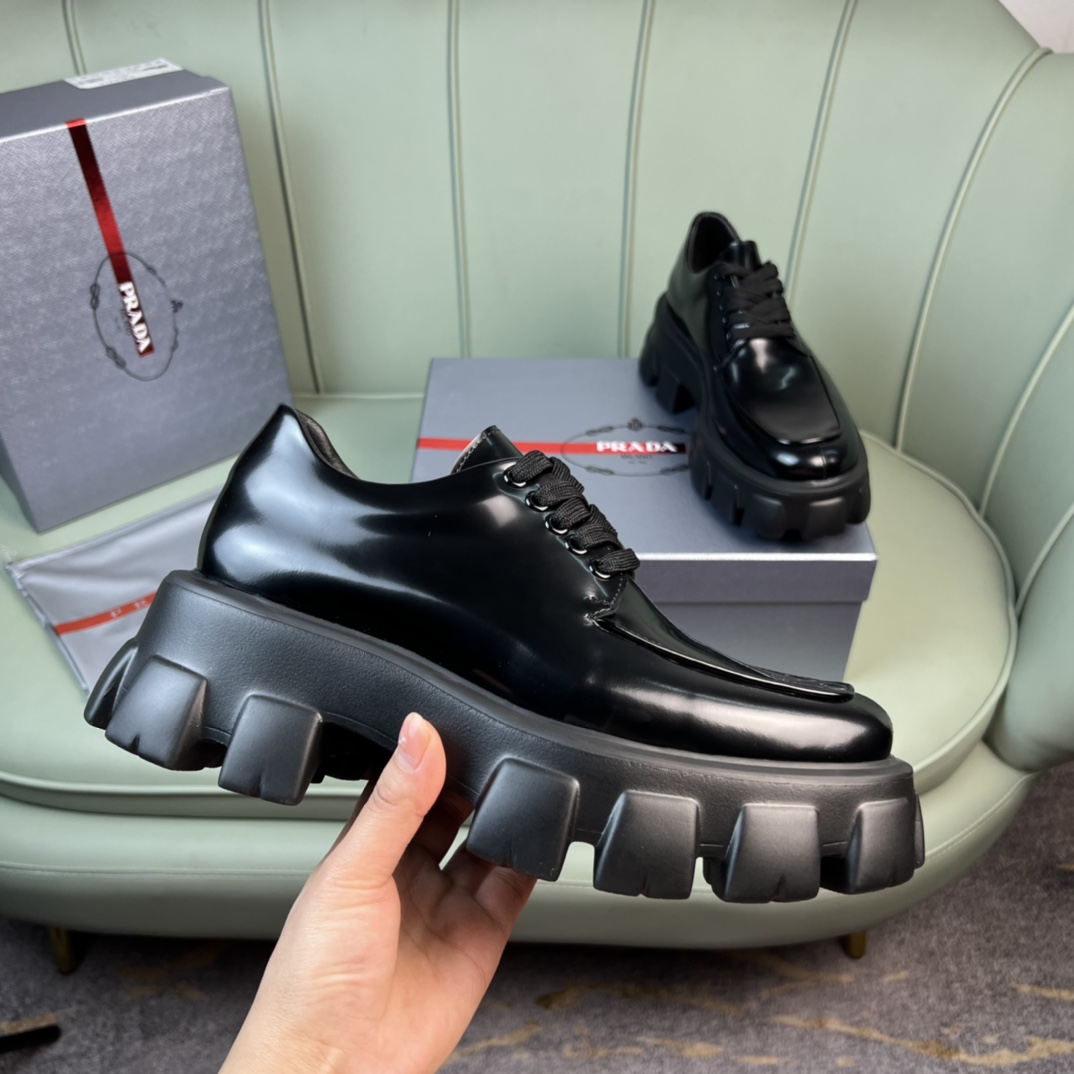 Prada Monolith Brushed Leather Lace-Up Shoes - DesignerGu