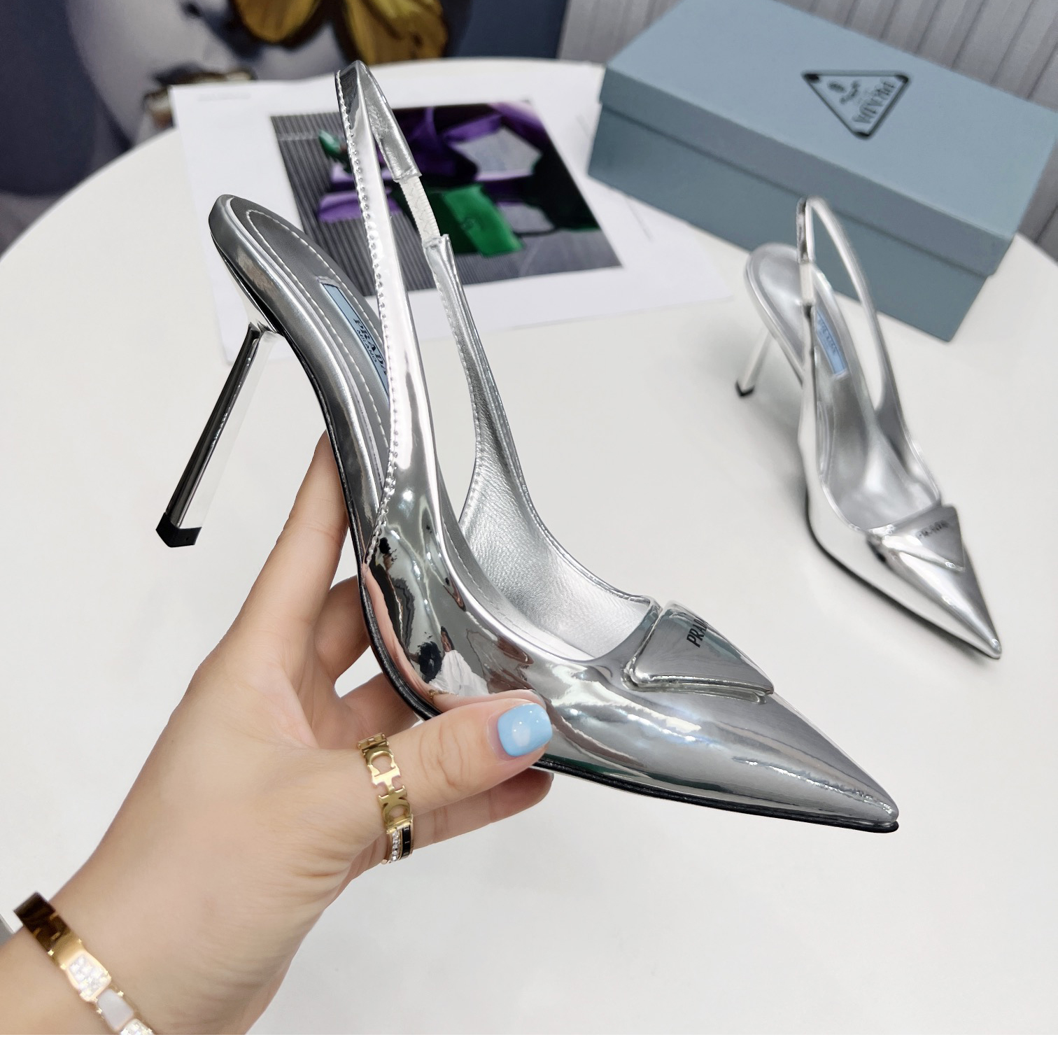 Prada Brushed Leather Slingback Pumps In Sliver - DesignerGu