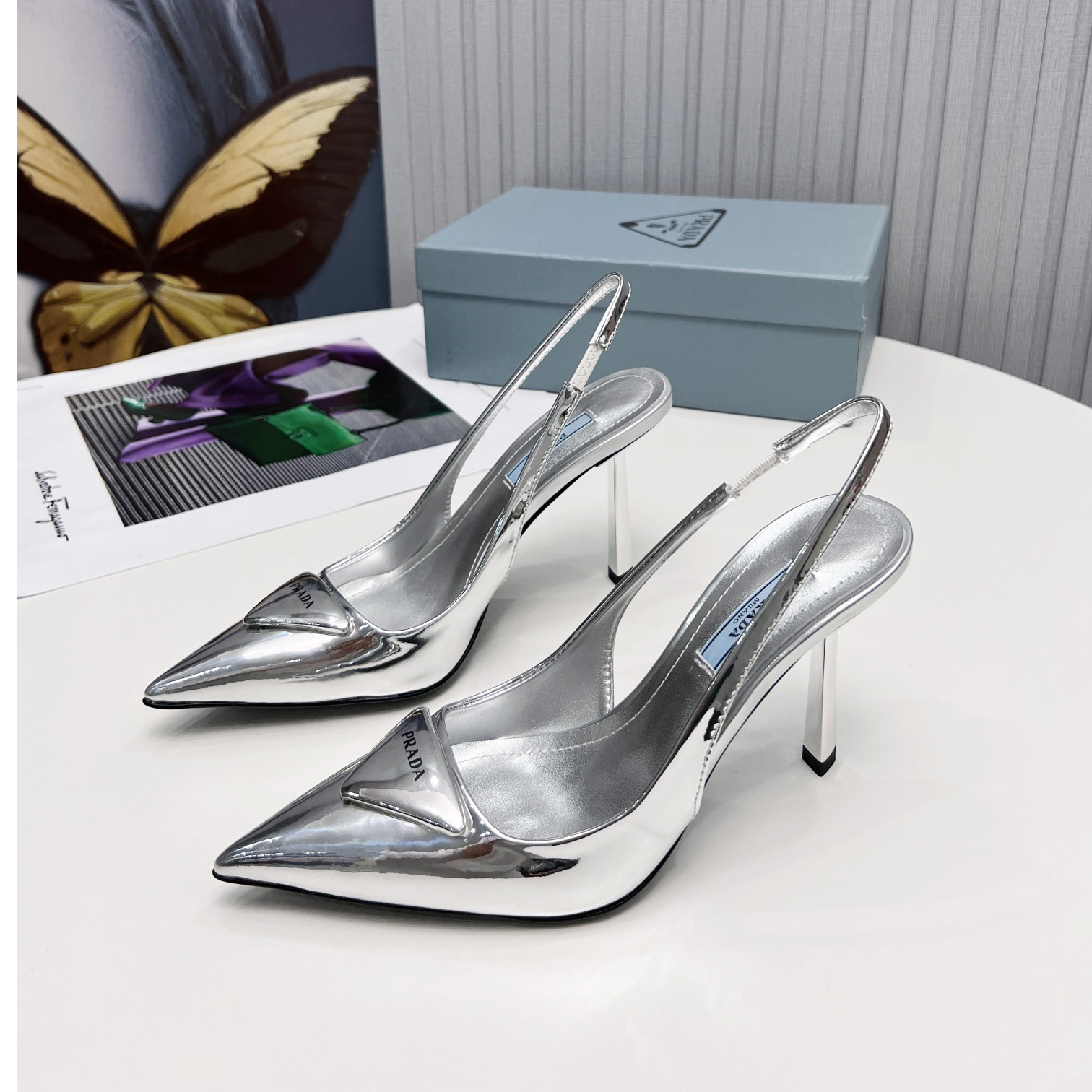 Prada Brushed Leather Slingback Pumps In Sliver - DesignerGu