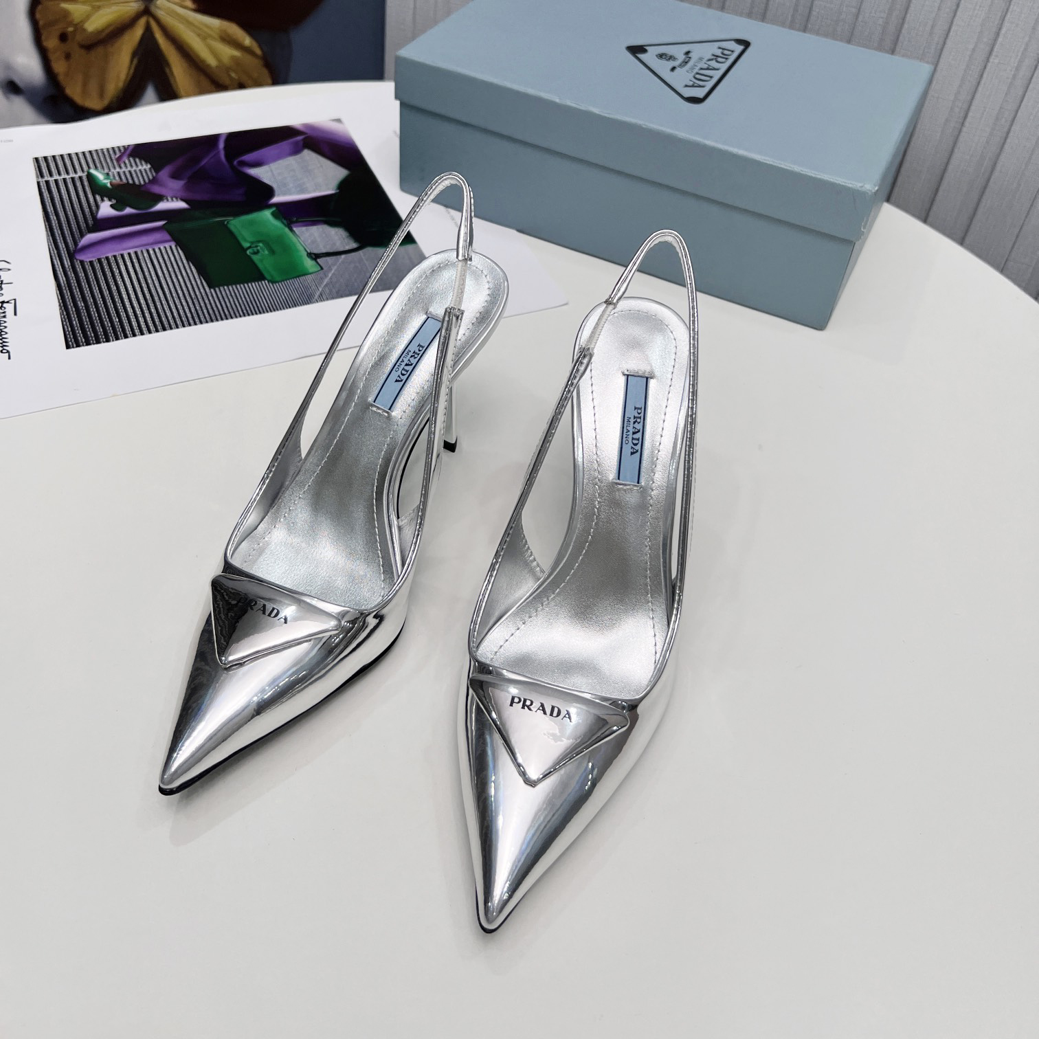 Prada Brushed Leather Slingback Pumps In Sliver - DesignerGu