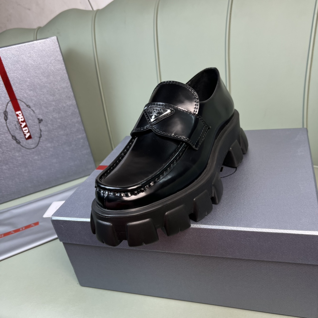 Prada Monolith Brushed Leather Loafers - DesignerGu