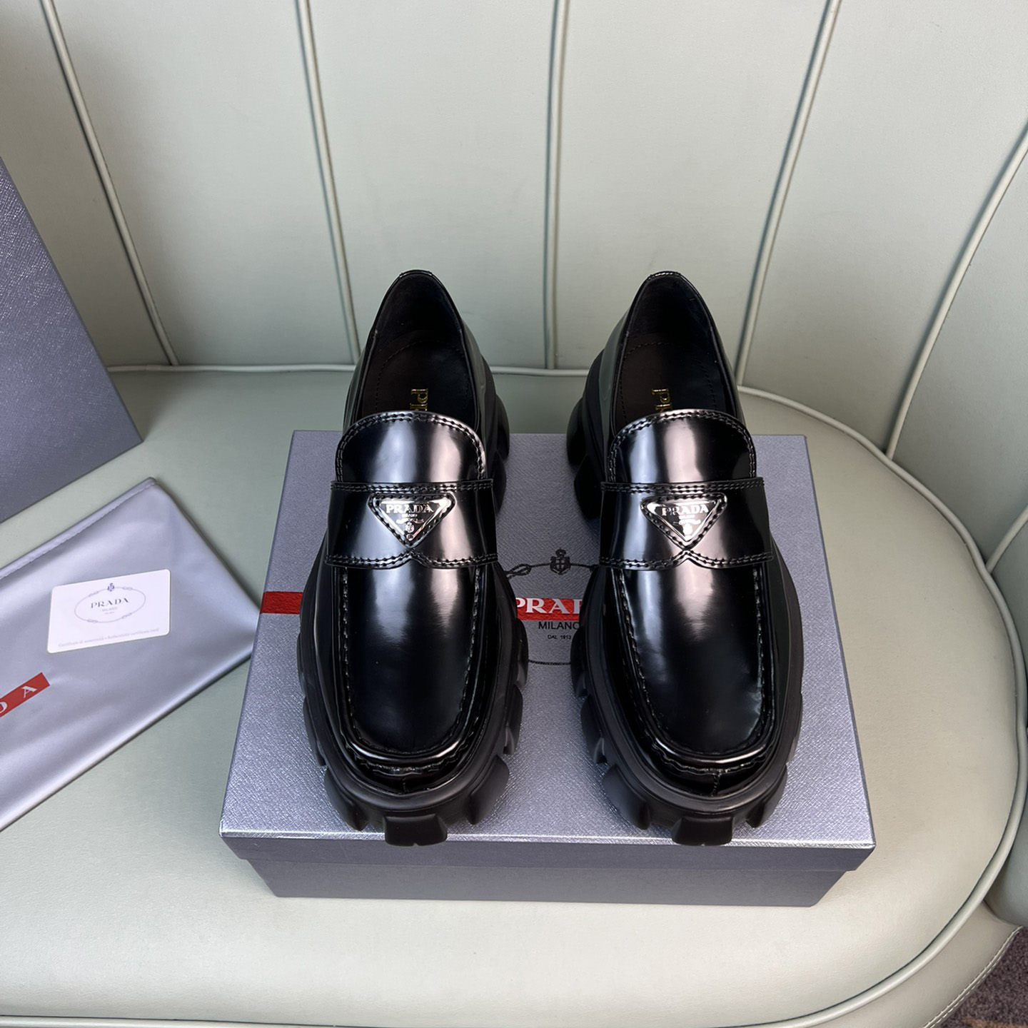 Prada Monolith Brushed Leather Loafers - DesignerGu