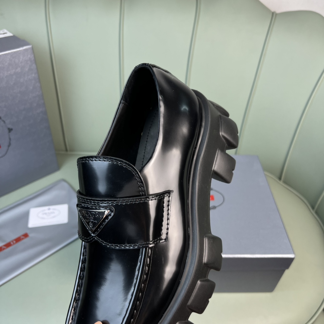 Prada Monolith Brushed Leather Loafers - DesignerGu