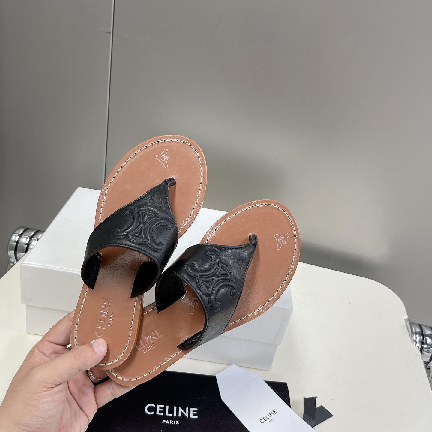 Celine Triomphe Flat Thong In Calfskin Black - DesignerGu