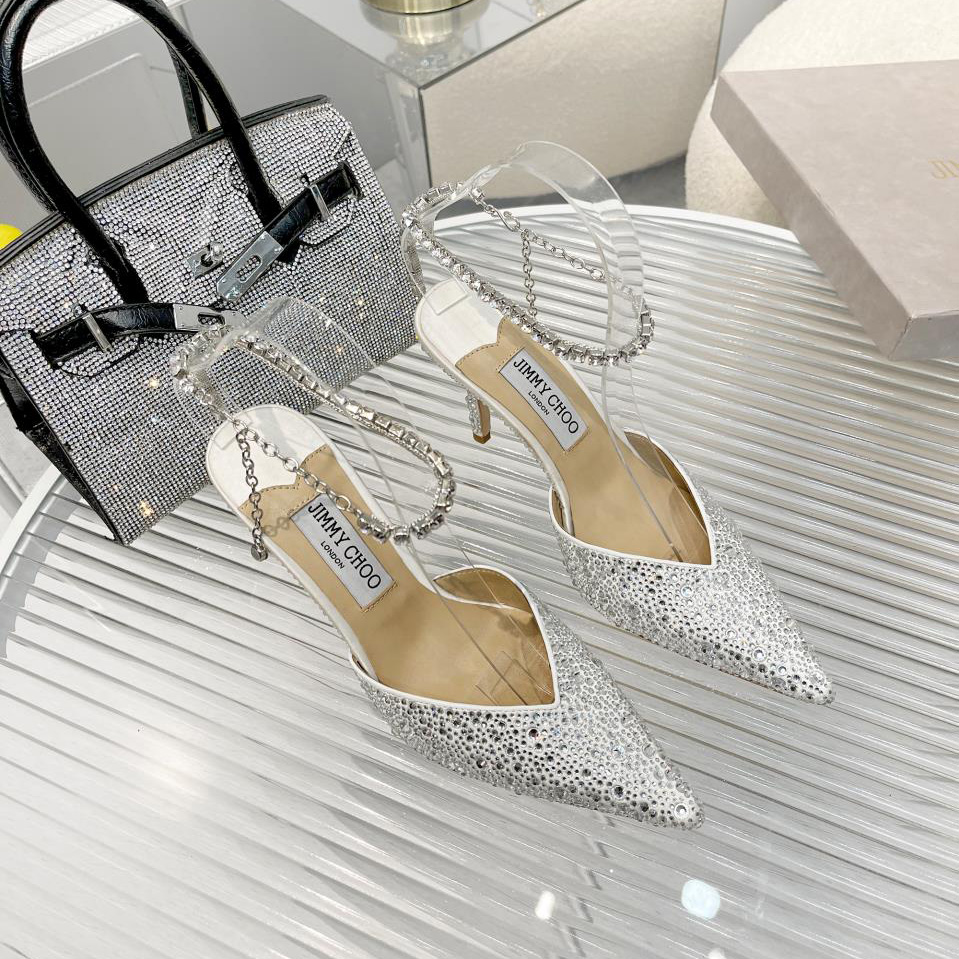 Jimmy Choo Saeda 100 Lvory Satin Pumps With Crystal Embellishment - DesignerGu