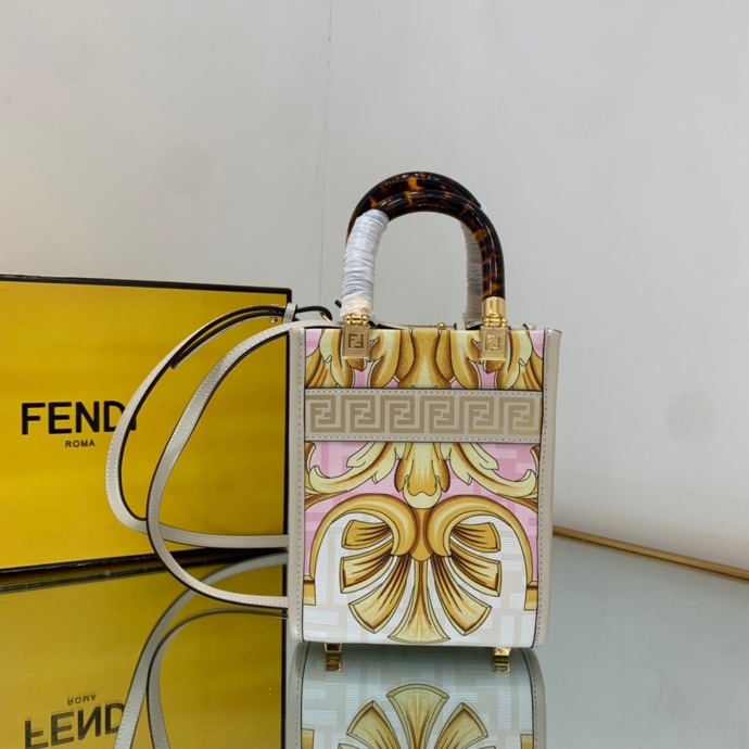 Versace x Fendi Mini Sunshine Shopper Fendace Printed White Leather Mini Bag(13-18-6.5cm) - DesignerGu