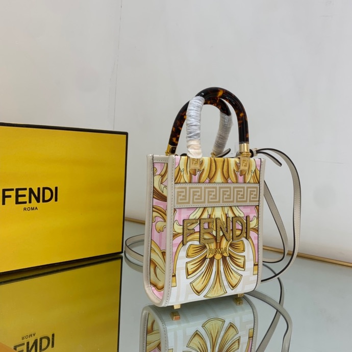 Versace x Fendi Mini Sunshine Shopper Fendace Printed White Leather Mini Bag(13-18-6.5cm) - DesignerGu