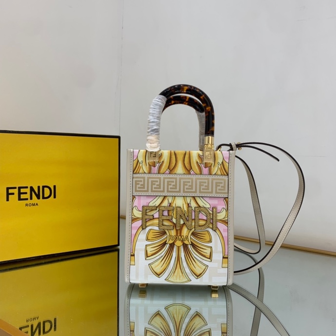 Versace x Fendi Mini Sunshine Shopper Fendace Printed White Leather Mini Bag(13-18-6.5cm) - DesignerGu