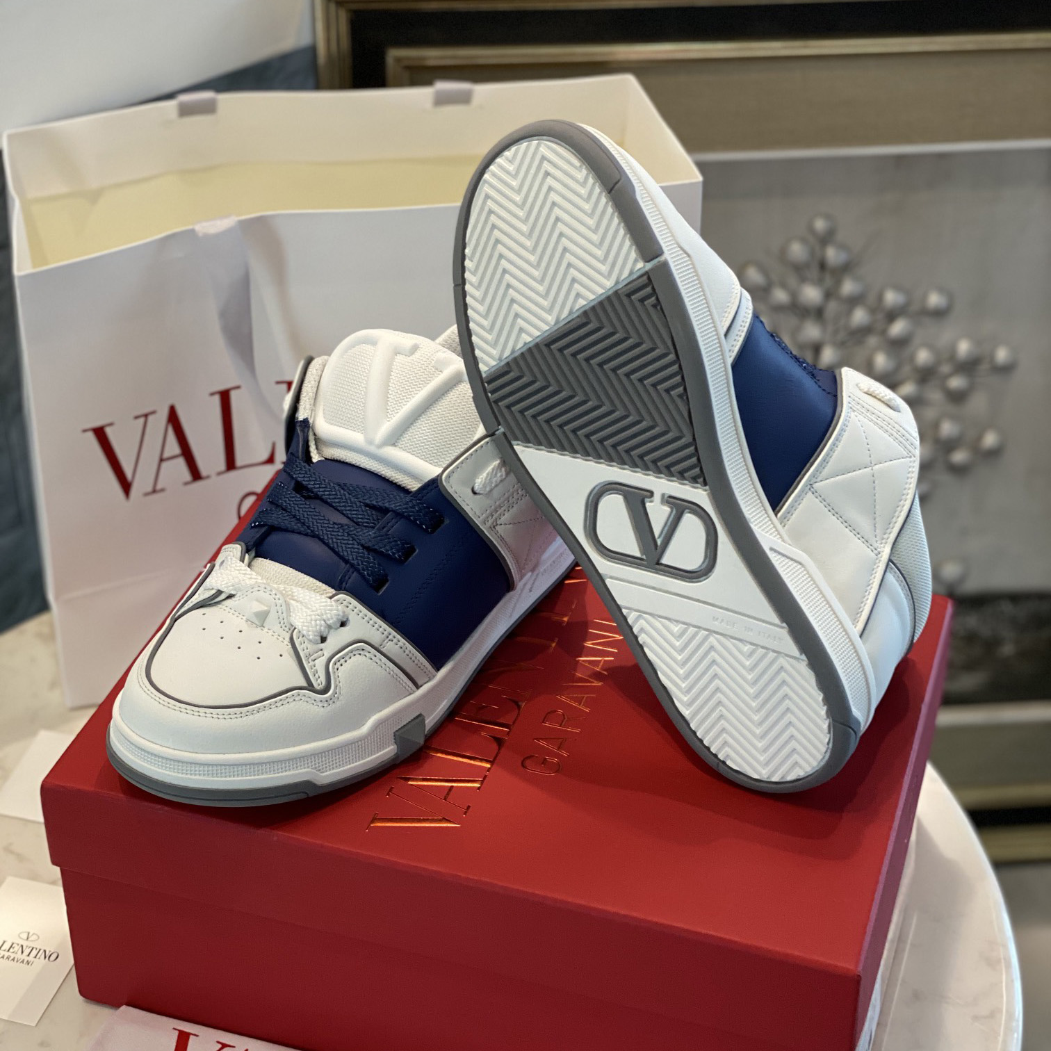 Valenti Open Skate Calfskin And Fabric Sneaker In White/Blue - DesignerGu