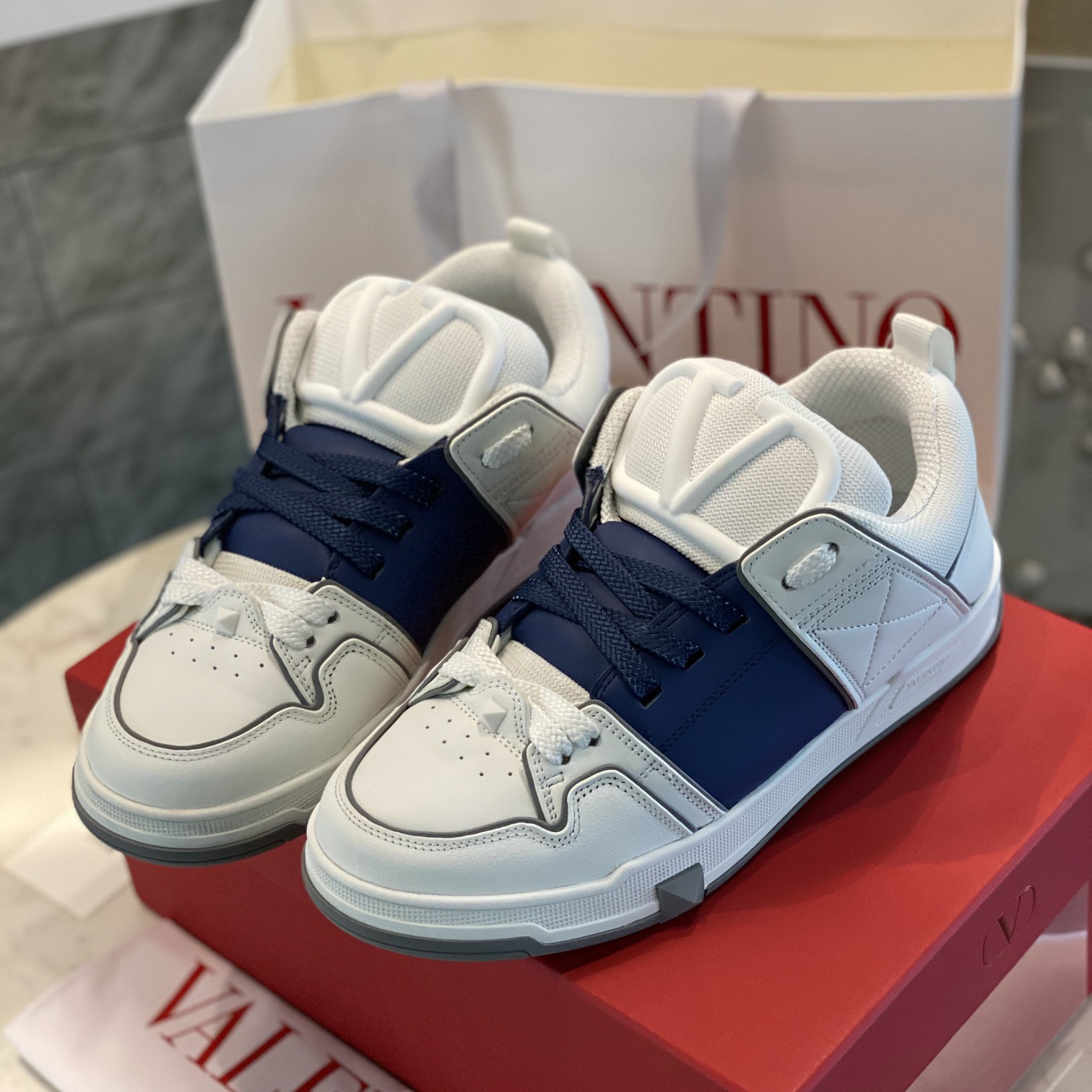 Valenti Open Skate Calfskin And Fabric Sneaker In White/Blue - DesignerGu