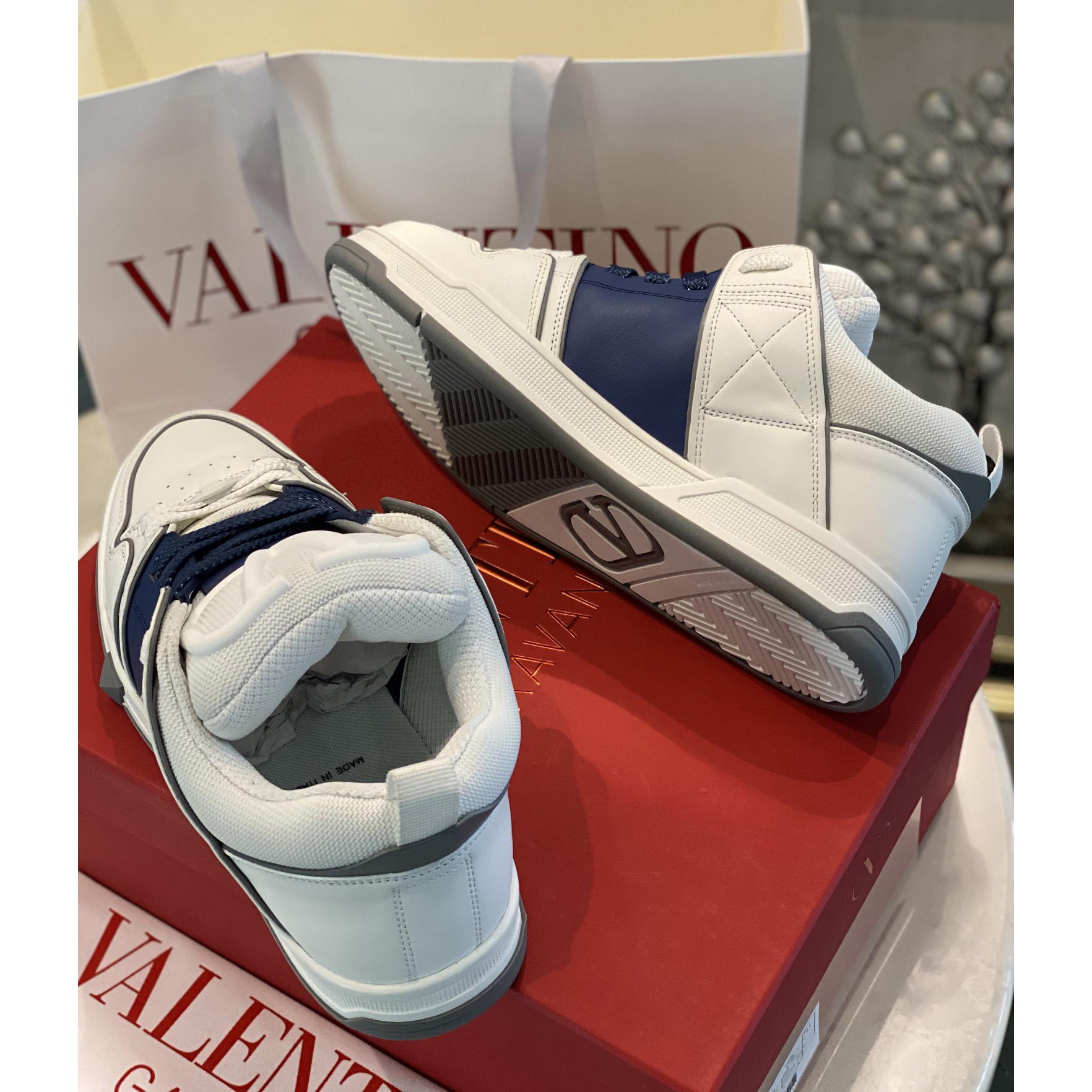 Valenti Open Skate Calfskin And Fabric Sneaker In White/Blue - DesignerGu