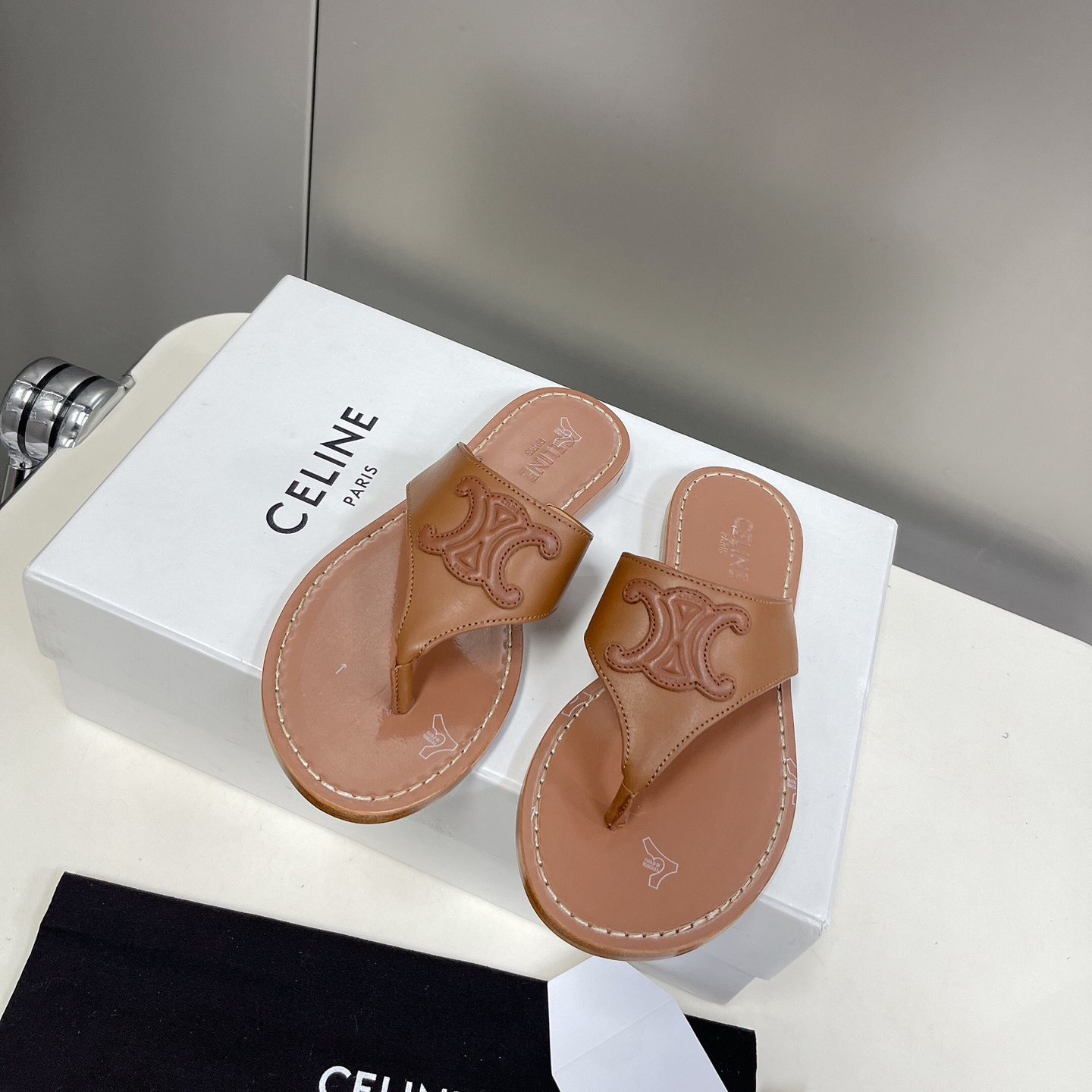 Celine Triomphe Flat Thong In Calfskin Tan - DesignerGu