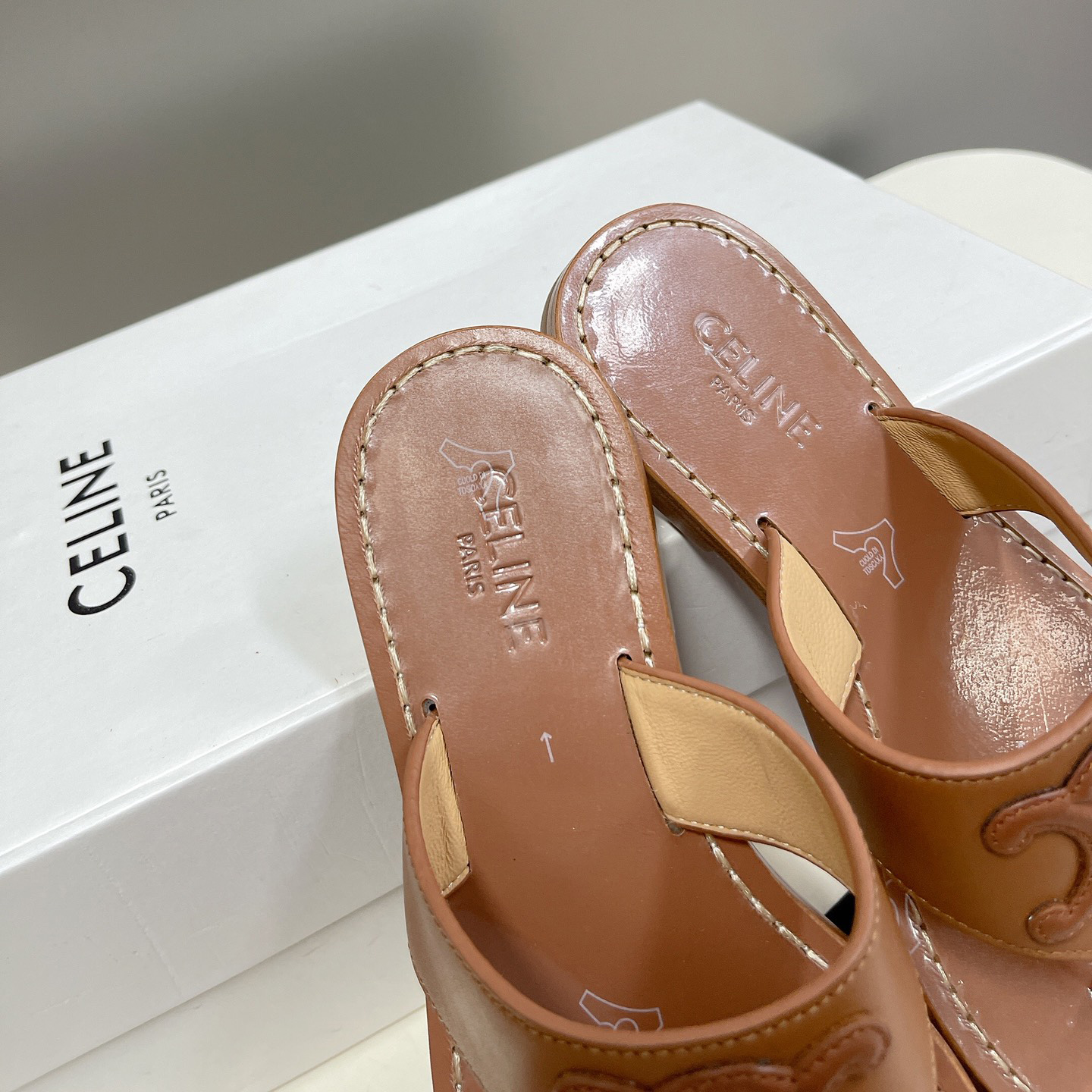 Celine Triomphe Flat Thong In Calfskin Tan - DesignerGu