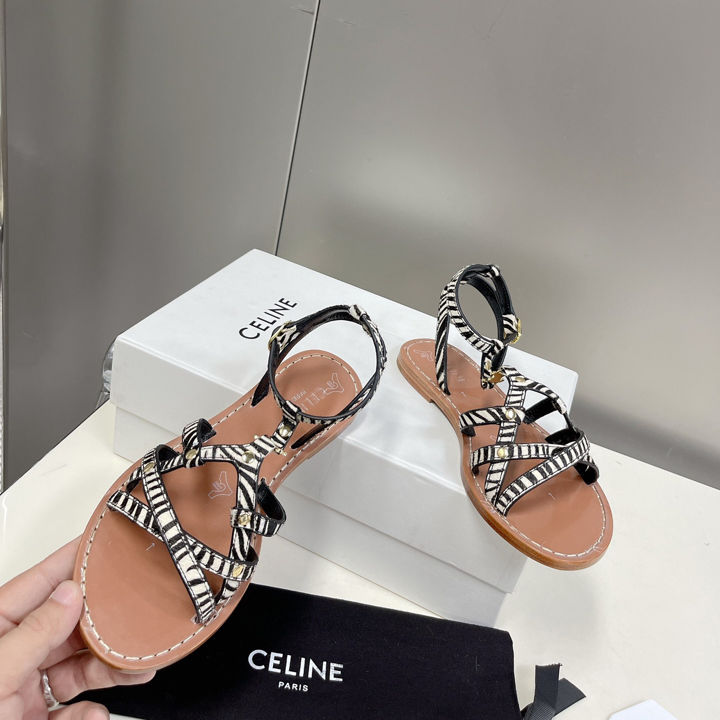 Celine Taillat Triomphe Sandal In Zebra Printed Hairy Calfskin Black/White - DesignerGu