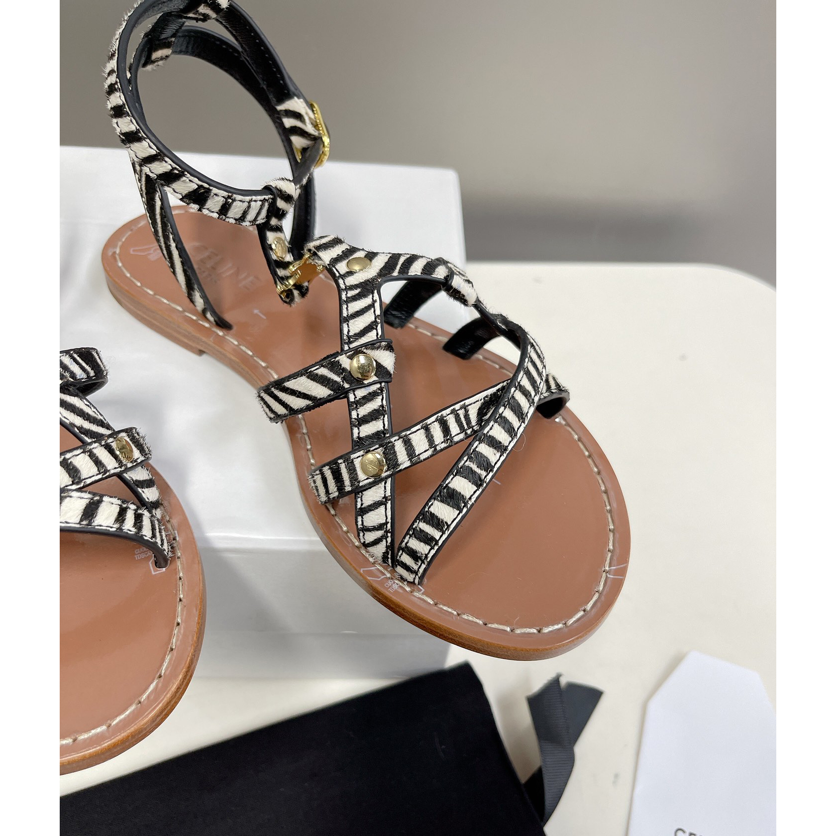 Celine Taillat Triomphe Sandal In Zebra Printed Hairy Calfskin Black/White - DesignerGu