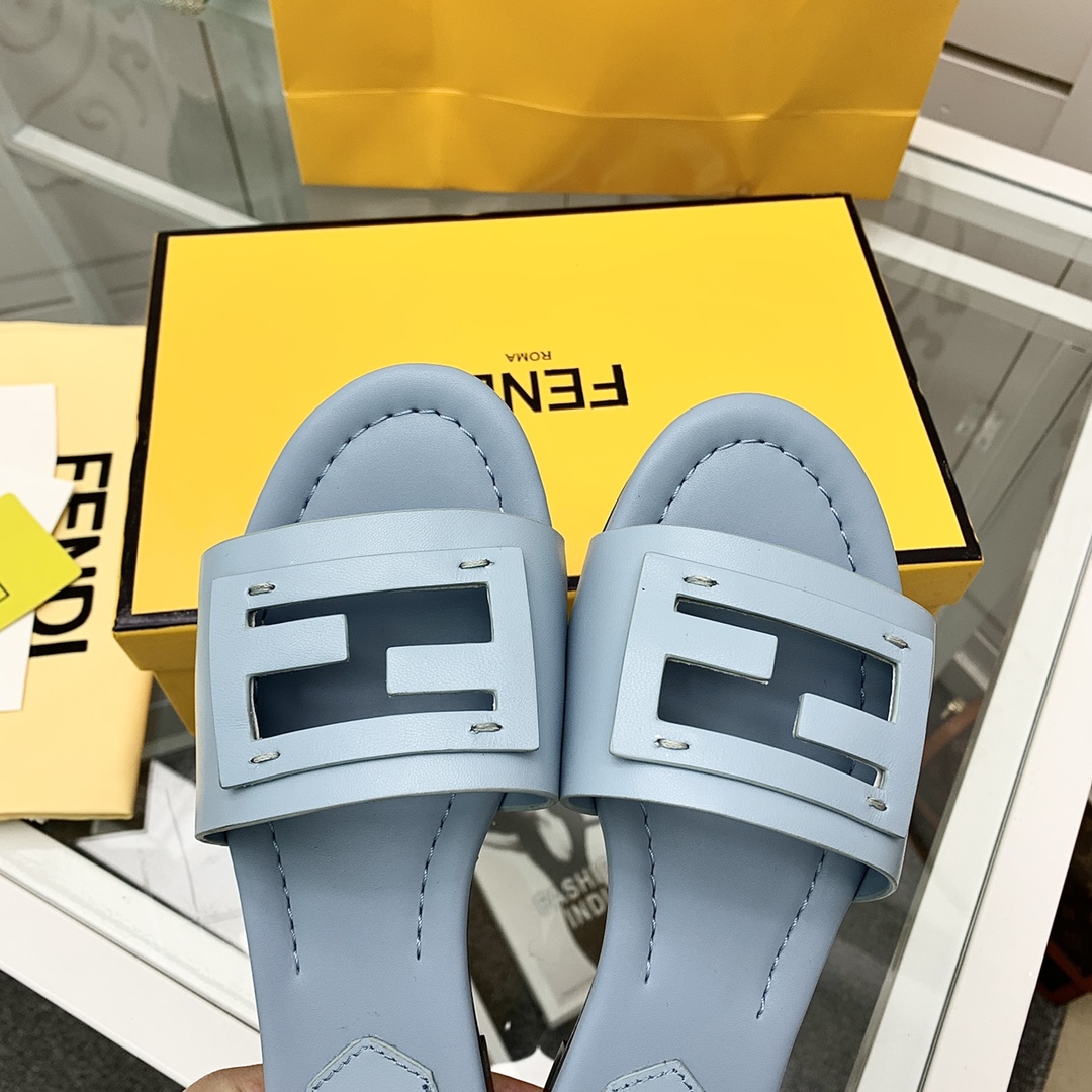 Fendi Signature Light Blue Leather Slides - DesignerGu