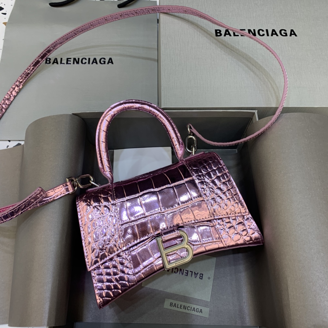 Balenciaga Hourglass Handbag In Pink Metallized Crocodile Embossed (23-10-14CM) - DesignerGu