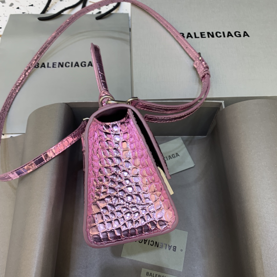 Balenciaga Hourglass Handbag In Pink Metallized Crocodile Embossed (23-10-14CM) - DesignerGu