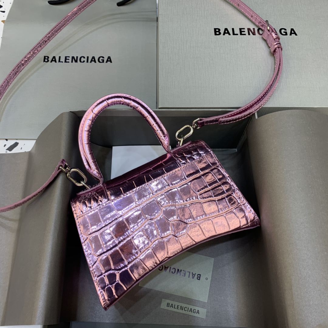 Balenciaga Hourglass Handbag In Pink Metallized Crocodile Embossed (23-10-14CM) - DesignerGu