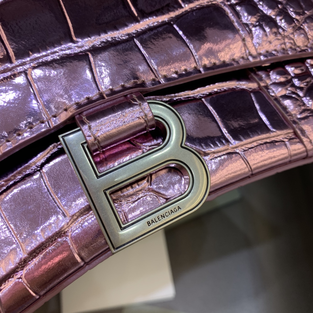 Balenciaga Hourglass Handbag In Pink Metallized Crocodile Embossed (23-10-14CM) - DesignerGu