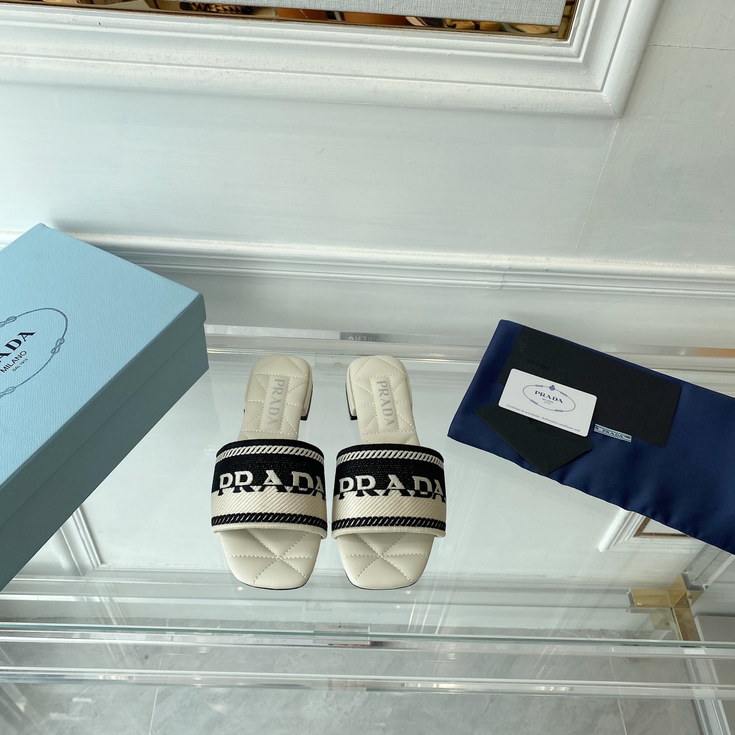 Prada Embroidered Fabric Slides - DesignerGu