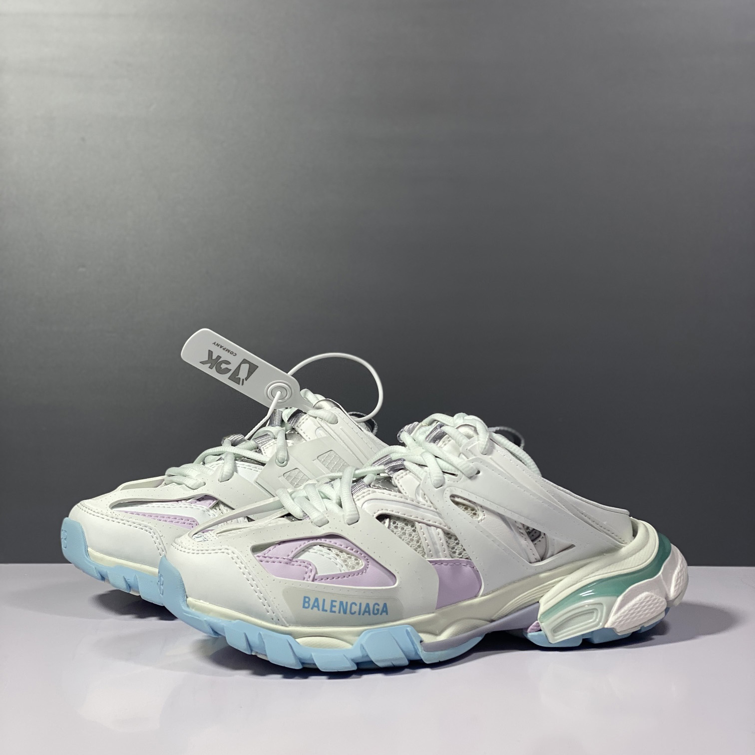 Balenciaga Track Mule In White, Light Blue And Light Pink Mesh And Nylon - DesignerGu