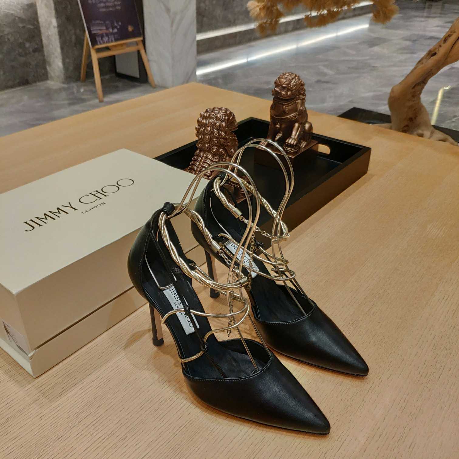 Jimmy Choo Olesia 95 Black Nappa Pumps With Gold Chains - DesignerGu